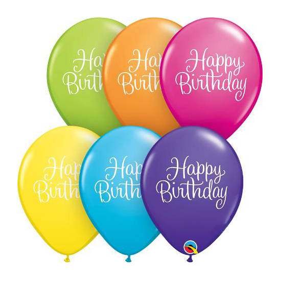Load image into Gallery viewer, Vibrant colours and printed with a scripted &amp;quot;happy birthday&amp;quot;, these latex balloons are just what you need for your birthday decorations.
