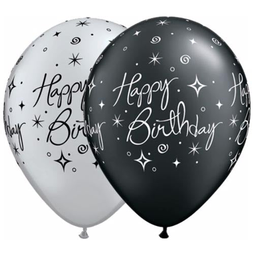 Load image into Gallery viewer, Black and Silver Happy Birthday Balloons.
