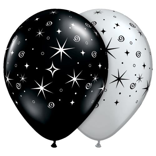 Black and Silver sparkle and stars printed latex balloons.