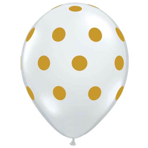 Clear latex balloons printed with gold polkadots.