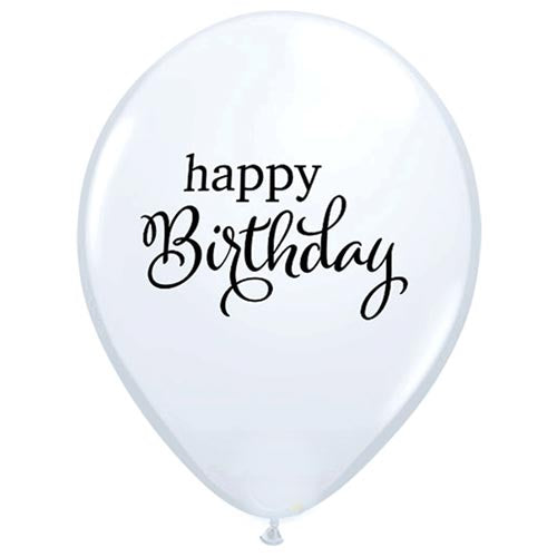 Elegant Happy Birthday scripted message printed on this metallic white balloons.