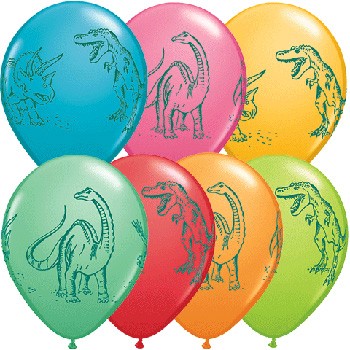 Load image into Gallery viewer, Printed balloons in dinosaur themes.
