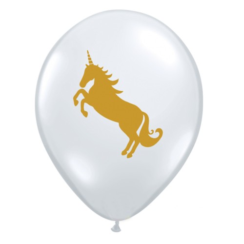 Clear Balloons with a golden unicorn printed.
