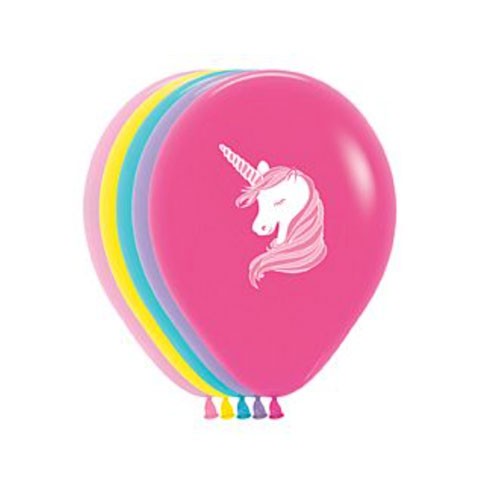 Colourful latex balloons printed with a magical unicorn.