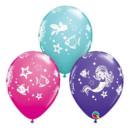 Load image into Gallery viewer, Mermaid themed printed latex balloons.
