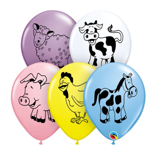 Barnyard Bash farm animals printed latex balloons.