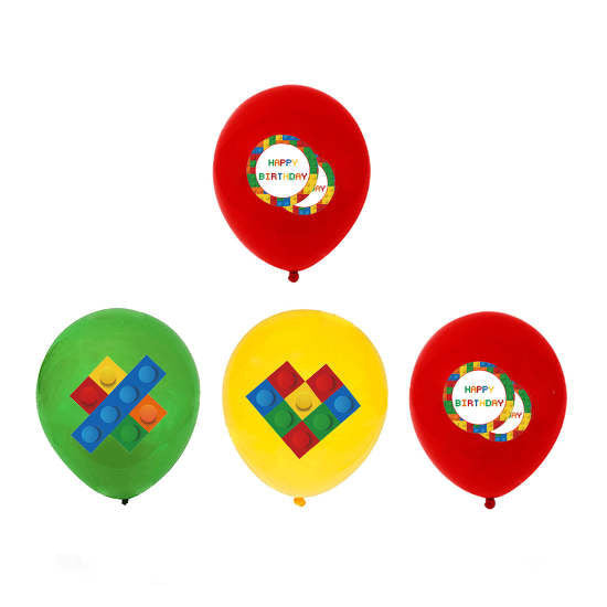 Lego themed helium latex balloons in assorted colours.