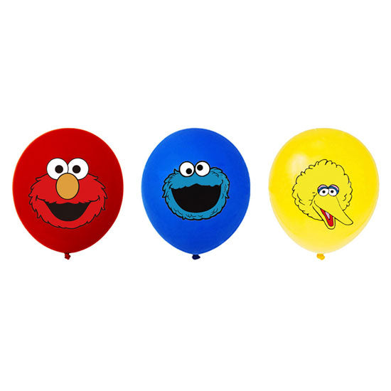 Sesame Street latex balloons with Elmo and Big Bird and Cookie Monster printed.