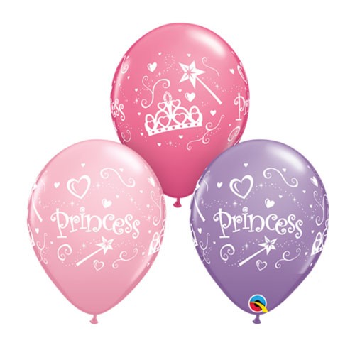 Load image into Gallery viewer, Pink and Lilac latex balloons with princess crowns, tiaras and wands printed on them.
