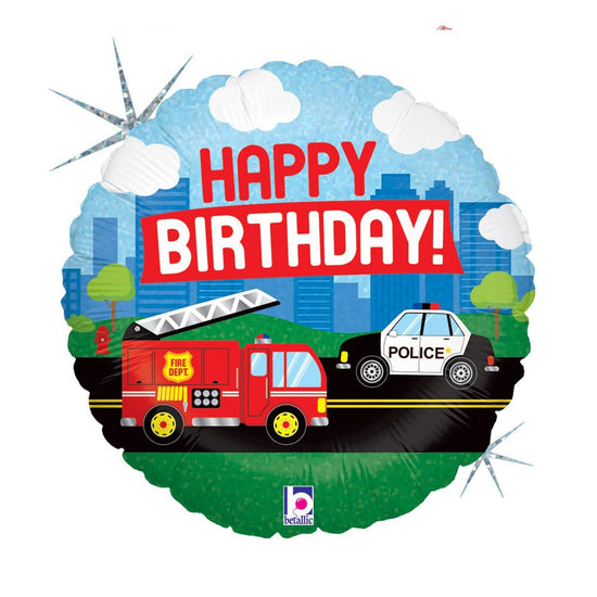 Load image into Gallery viewer, Emergency Vehicles Happy Birthday Balloon.
