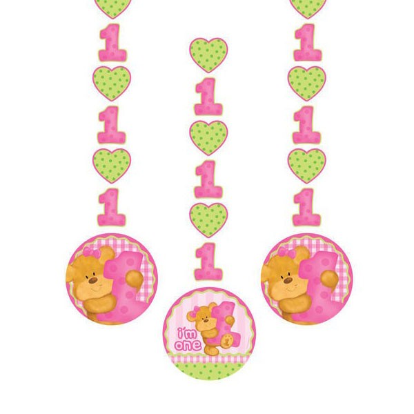 Load image into Gallery viewer, Decorate your party with this cute 1st Birthday Bear giant banner. Fun and lovely! Bear’s First Birthday Hanging Cutout Assortment features a medallion of an adorable brown bear hugging a big pink polka dotted number “1” on two of the hanging decorati
