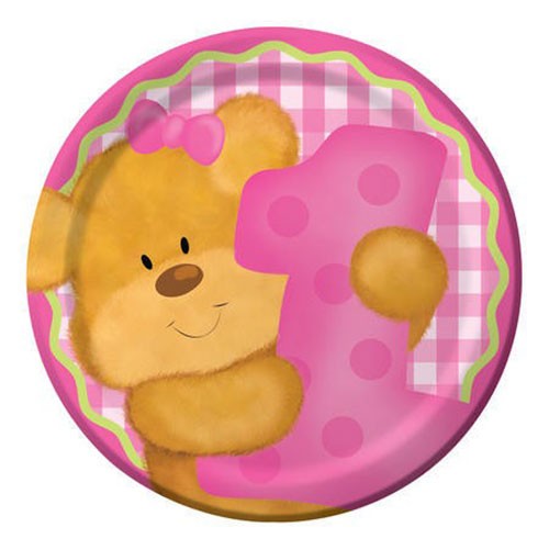 1st Birthday Bear Pink Party Plates.