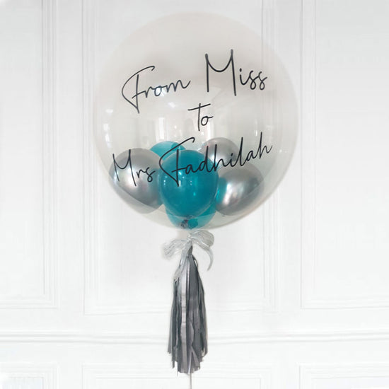 Lovely Customised Bubble Balloon in Teal and Silver to celebrate the new marriage status!