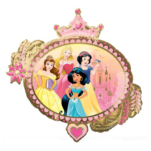 Load image into Gallery viewer, Once Upon a Time Royal frame Balloon with the Disney Princesses like Snow White, Belle, Sleeping Beauty and Princess Jasmine.
