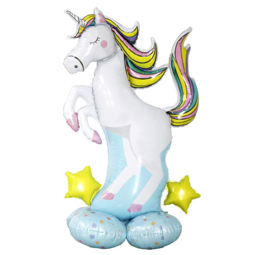 Unicorn life size air filled balloon stand.