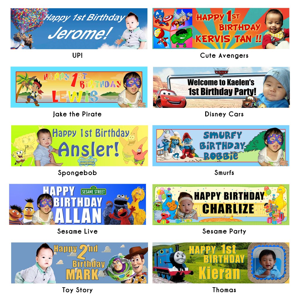 Toy Story themed birthday banner and Sesame Street themed banner. Add on your photo or kid's photo to make an impression to your birthday photos.