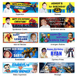 Transformers and Superheroes themed banner together with Lego Ninjago. These are great with customised photo and words.