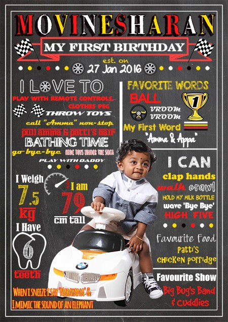 Milestone chalk board in racing car style.