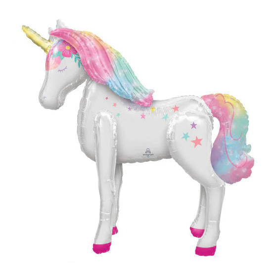 Load image into Gallery viewer, Enchanted rainbow mane unicorn in life size air waker balloon style to grace her birthday celebration.
