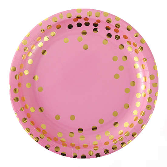 Pink disposable party plates with shimmering gold dots hot stamped on it!