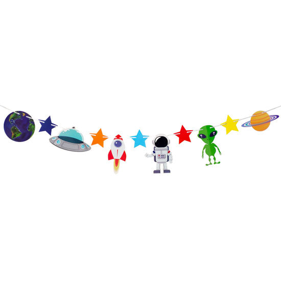 Fun and interesting banner with spaceships, planets, aliens and astronauts. 