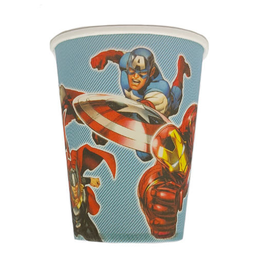Avengers party cups featuring Iron Man, Thor and Captain America.