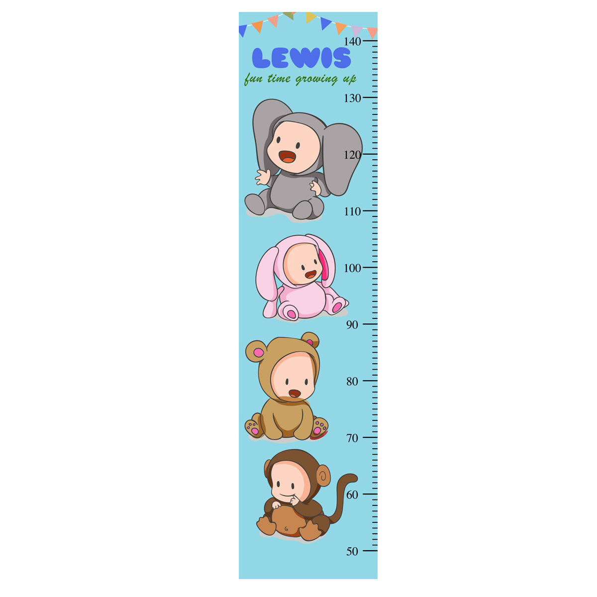 Adorable babies in animal suits. Create a great atmosphere for your child in the bedroom with this nicely decorated growth chart.