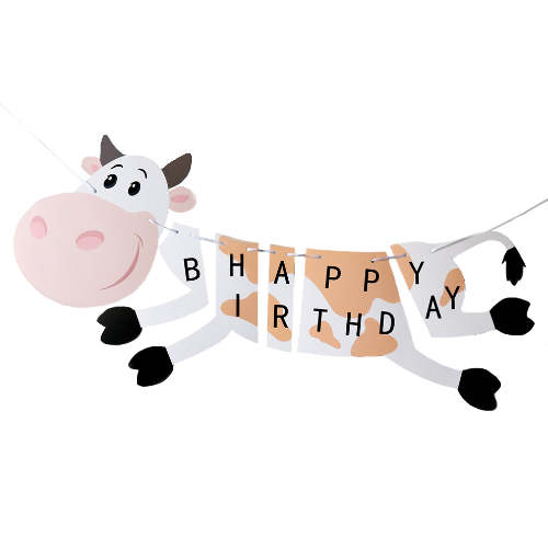 Load image into Gallery viewer, Cow Shaped Birthday Banner to liven up the barnyard themed birthday party decoration.
