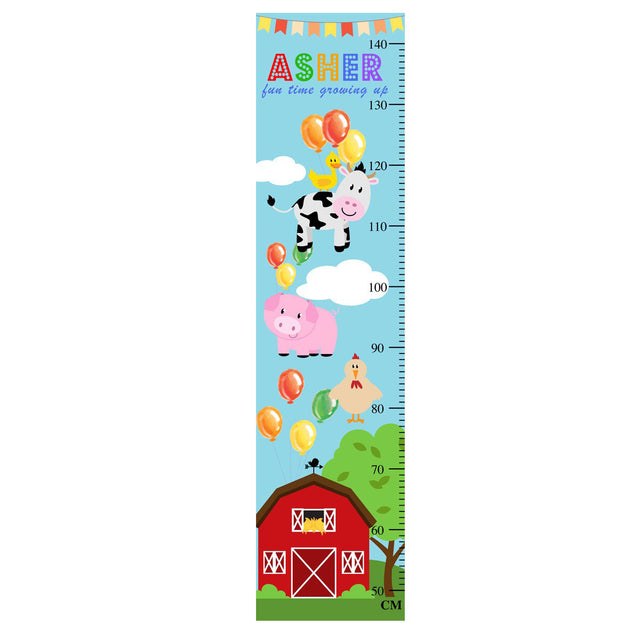 Barnyard animals floating around with helium balloons. Create a great atmosphere for your boy or girl in the bedroom with this nicely decorated growth chart.