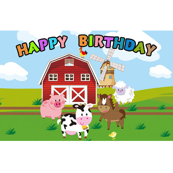 Colourful large size Barnyard Farm Animals Fabric Backdrop Banner for your birthday cake table backdrop.