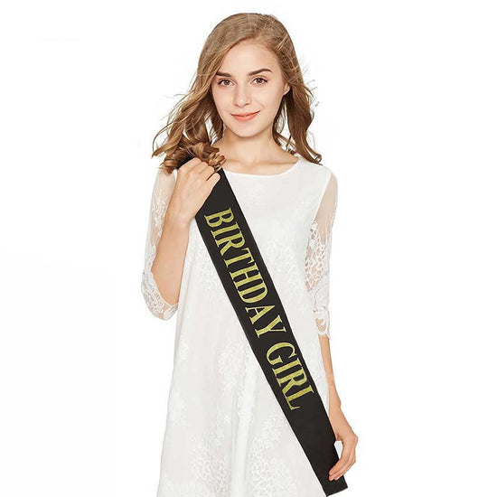 Black Sash with shiny gold words  Dress up the Birthday girl like a princess with a shiny sash, Everyone will have their attention on the lovely princess. 