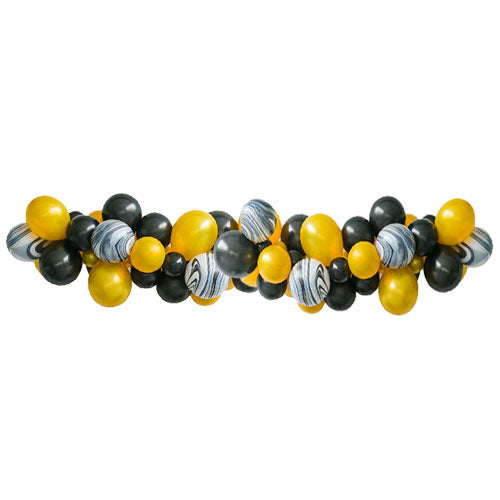 Black and Gold themed Balloon Garland for party backdrop display and decoration.