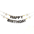 Black Happy Birthday Letter Banner filled with glittery stars for birthday party decoration.