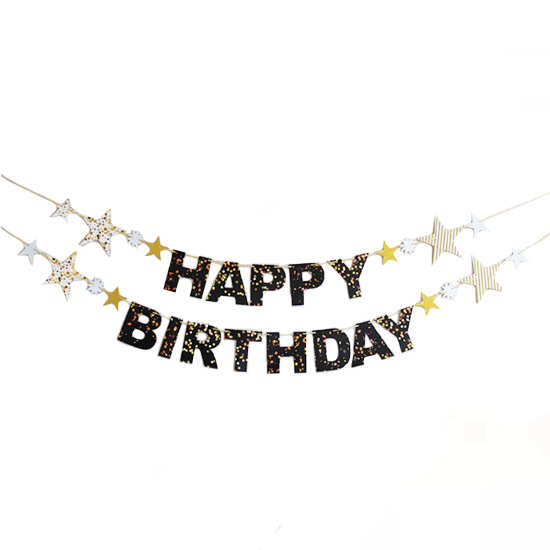 Black Happy Birthday Letter Banner filled with glittery stars for birthday party decoration.