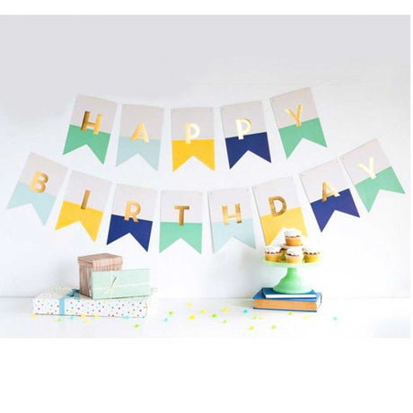 Bright lively coloured "Happy Birthday" banner with gold foil letters Great for dessert table backdrop setup with these stylish colours.