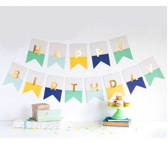 Bright lively coloured "Happy Birthday" banner with gold foil letters Great for dessert table backdrop setup with these stylish colours.