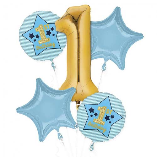 Load image into Gallery viewer, Blue Gold 1st Birthday Balloon Bouquet
