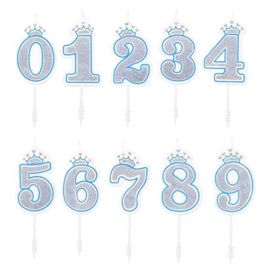 Blue Silver Crown Glitter Number Candles.