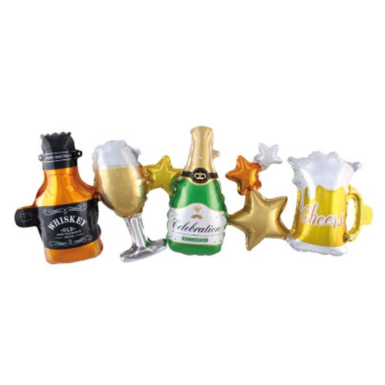 Balloon garland with champagne bottles and beer glasses.