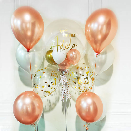 Customised Bubble Balloon with 2 sets of confetti balloon bouquets.