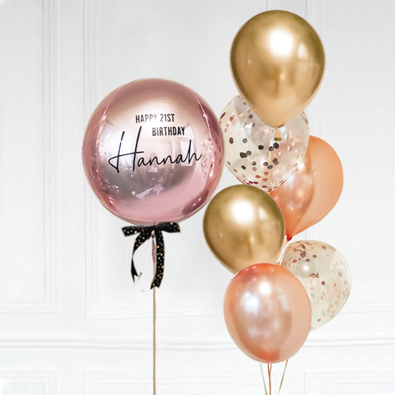 Rose Gold and Chrome Gold Customised Orbz Balloon with 1 Confetti Chrome Coloured Latex Bouquet