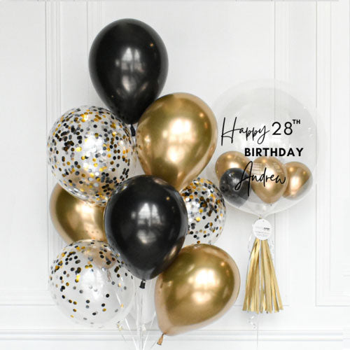 Customised Bubble Balloon with Black, Gold Confetti Chrome Latex Bouquet