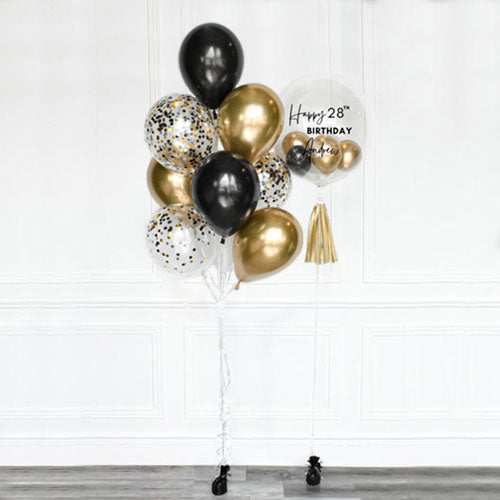 Load image into Gallery viewer, Customised Bubble Balloon with Black, Gold Confetti Chrome Latex Bouquet for the great birthday decoration.
