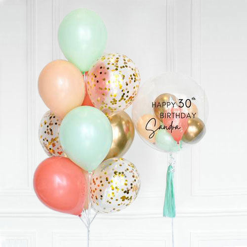 Load image into Gallery viewer, Customised Bubble Balloon with Mint, Coral, Gold Confetti Chrome Latex Bouquet
