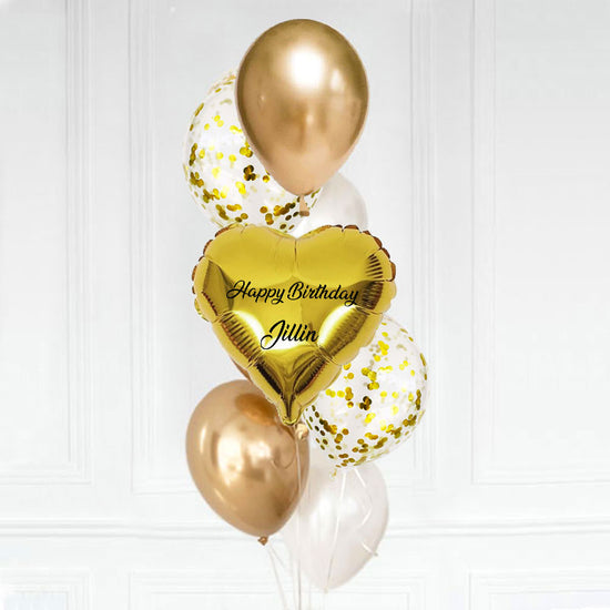 Customized gold heart balloon with chrome gold and confetti balloons to match for the special event.