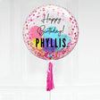 Sweet birthday bubble balloon with loves of pink hearts and a special personalised message for your birthday girl or valentine.