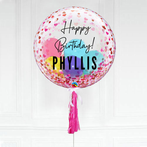 Load image into Gallery viewer, Sweet birthday bubble balloon with loves of pink hearts and a special personalised message for your birthday girl or valentine.
