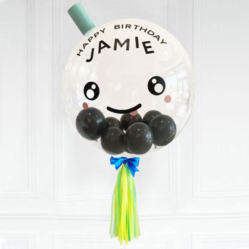 Load image into Gallery viewer, Cute and adorable bubble tea design clear helium balloon with a customised message for the birthday girl.
