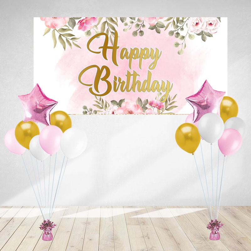 Pink Floral Banner & Balloons with Happy Birthday Decoration. 