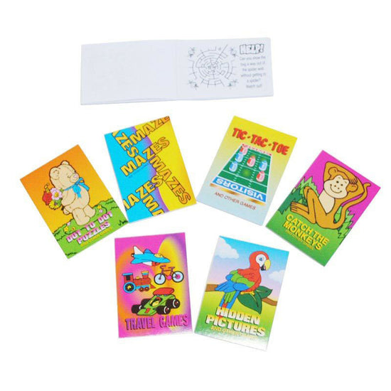 Assortment of 6 mini activities books. Featuring games like hidden pictures, puzzle mazes and hangman etc.